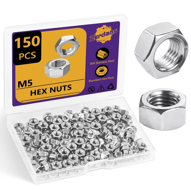 ZerDans M5 Hex Nuts, 150Pcs Metric 304 Stainless Steel Metal M5-0.8mm Hexagonal Nuts Hardware Set for Bolt for Furniture, Automotive, Industry and Construction, Full Thread - Image 1